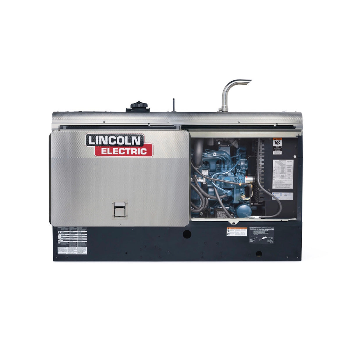 Lincoln Frontier 400X Pipe Diesel Engine Driven Welder with its side panel open to reveal the internal blue engine.