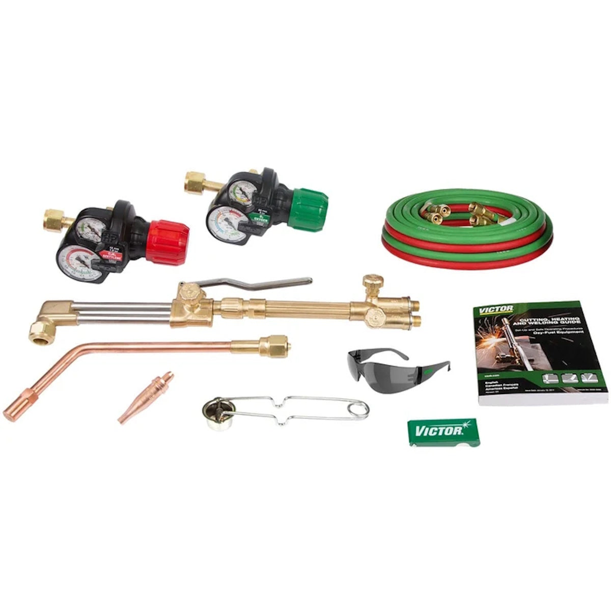 VICTOR Journeyman Utility Heating Cutting Outfit 0384-2722 includes gauges, hoses, goggles, tips, striker manual.