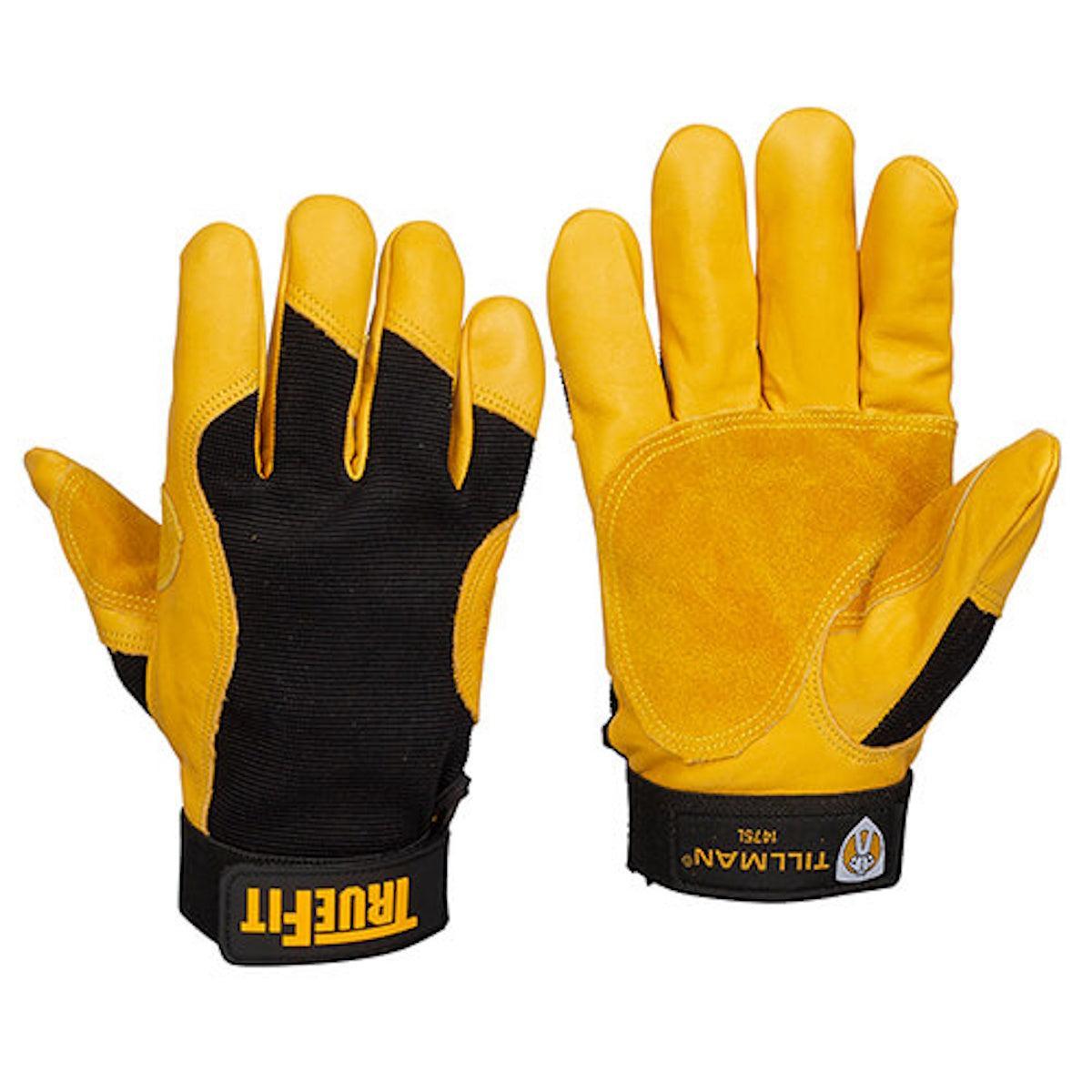 A pair of Tillman 1475 TrueFit top grain cowhide performance gloves, yellow and black with reinforced palms and adjustable wrist straps. One maintenance glove displays the palm, while the other shows the back.