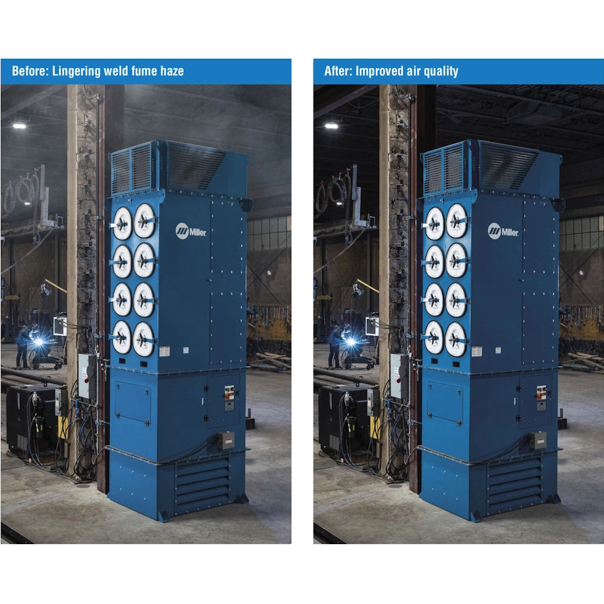 Miller Filtair Purifier Fume Extractor 3Ph 230V 301745 cleaning workshop air with MERV 16 filtration.