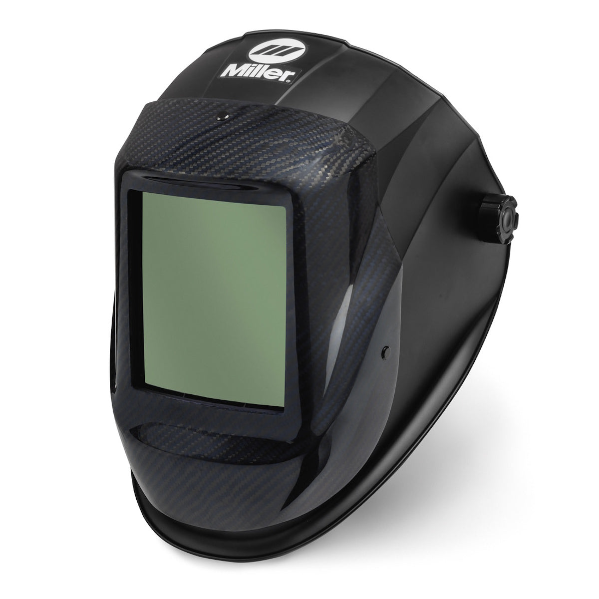 Miller OptX Carbon Fiber Laser Welding Helmet 301901, featuring a large lens and side knob, displayed against a white background.