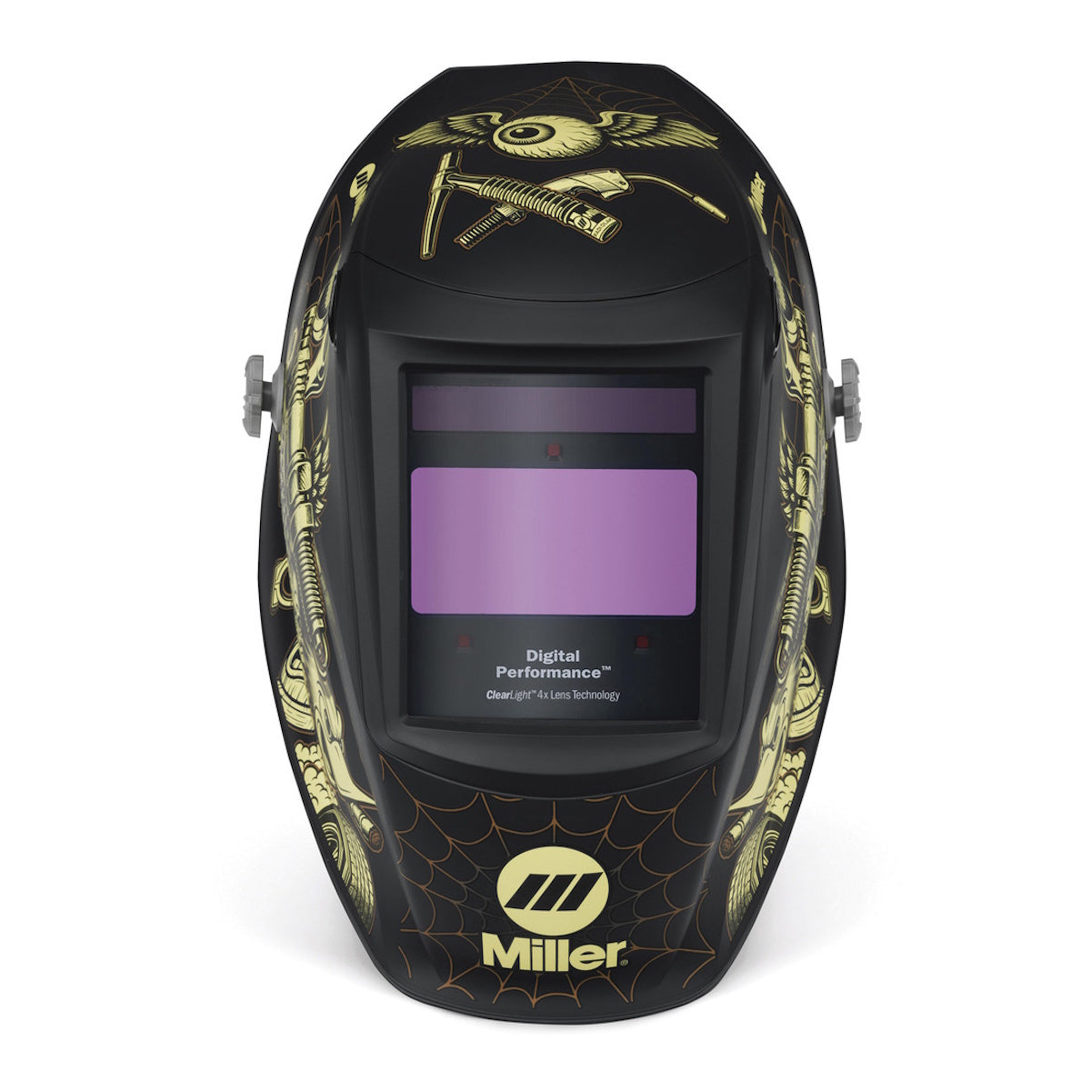 Miller Digital Performance Throttle Welding Helmet 402740 with winged eye graphic and purple-tinted ClearLight 4X lens.