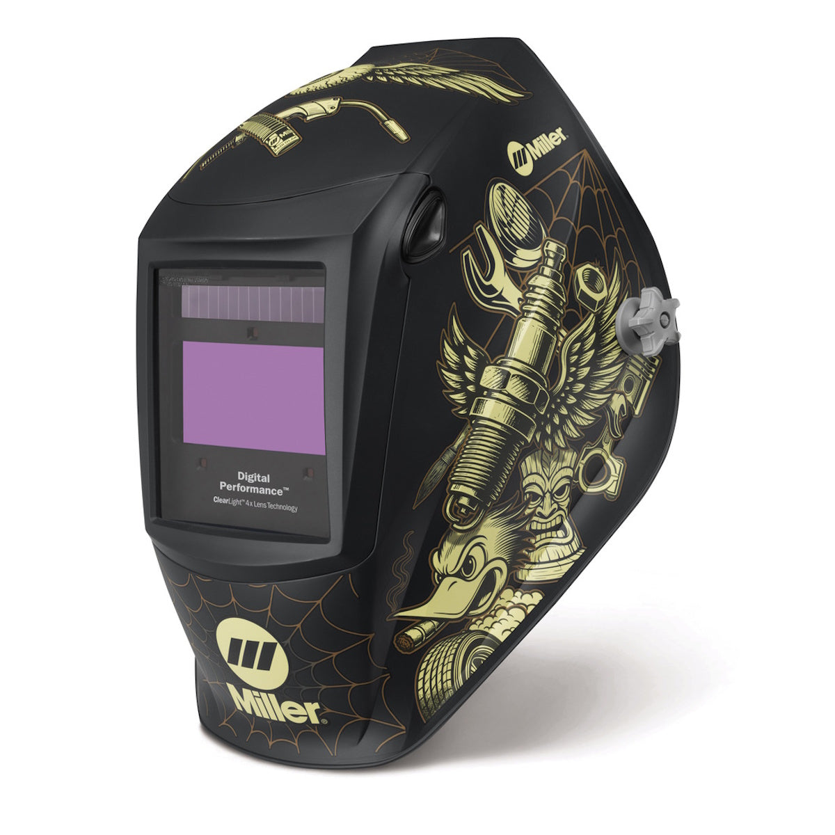 Miller Digital Performance Throttle Welding Helmet with a purple lens and gold spark plug, bird, and mechanical graphic.