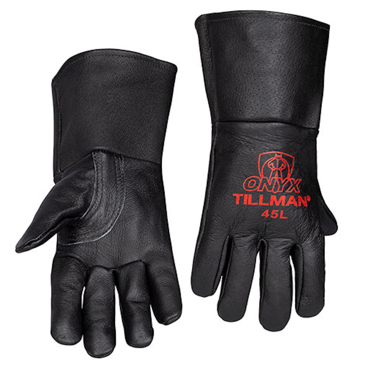 A pair of Tillman 45 Black Onyx Top Grain Pigskin MIG Welding Gloves with extended cuffs. The right glove features a red ONYX TILLMAN 45L logo. Shown palm up and palm down, these gloves are ideal for MIG welding.