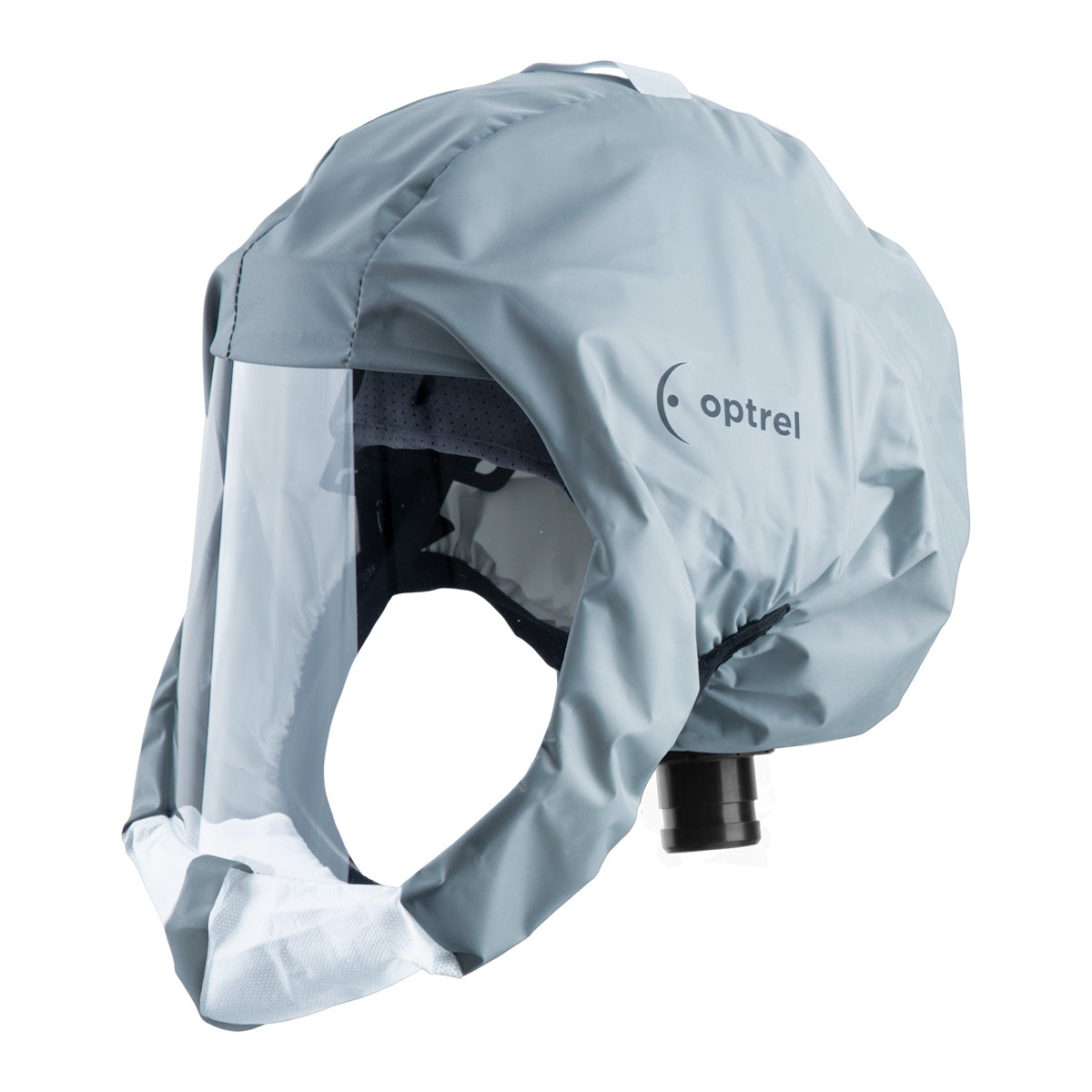 Optrel Short SoftHood Respiratory Face Protector featuring a clear shield, gray hood, and black filter for safety.