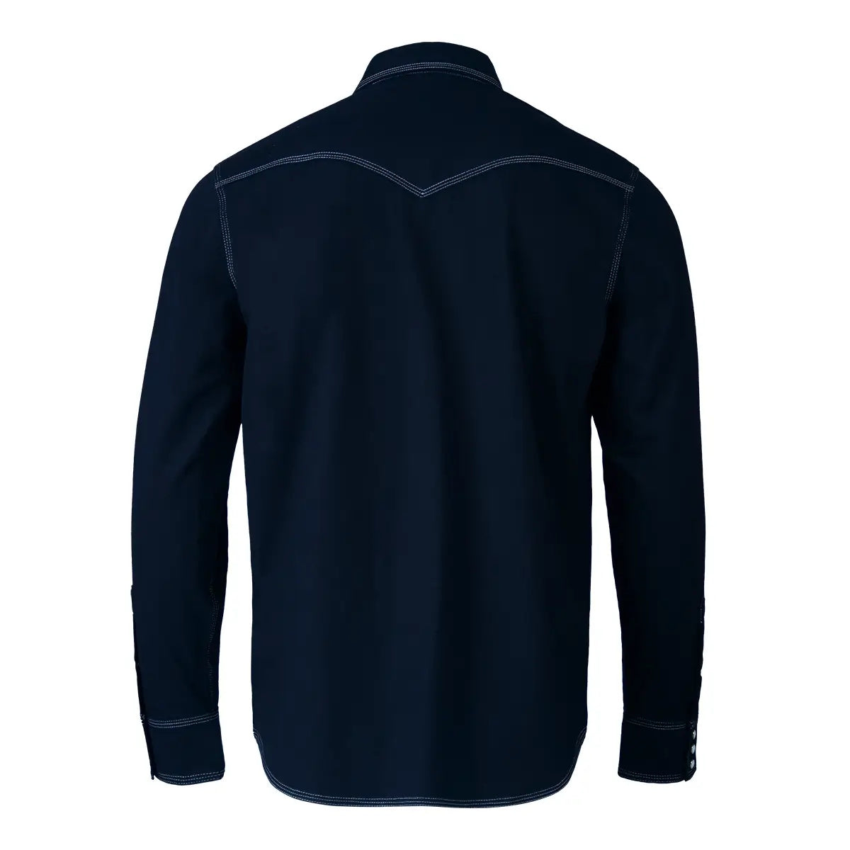 Back view of the Tillman FreedomFlex Western FR Navy Work Shirt 6420 in navy blue with white stitching.