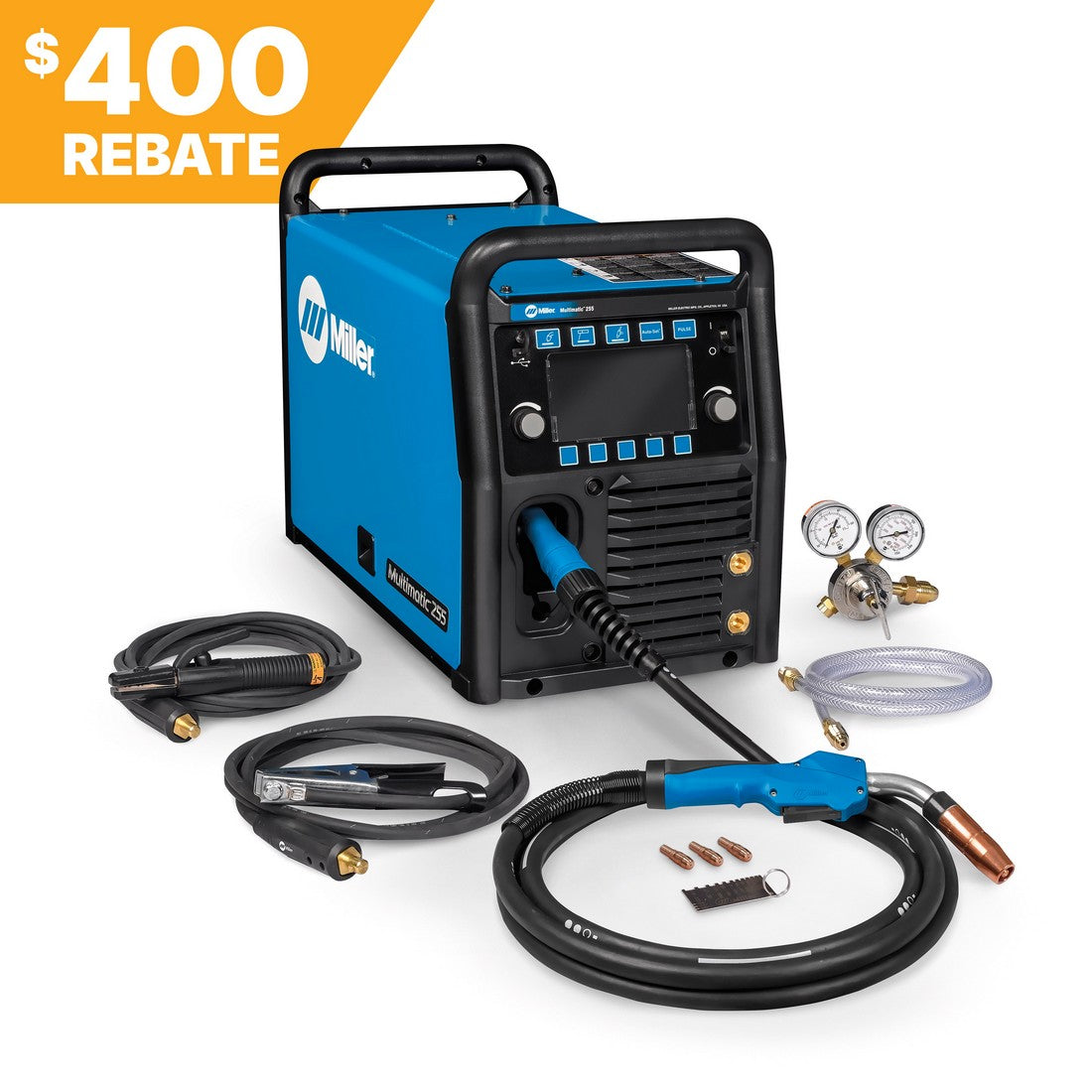 Miller Multimatic 255 Pulsed Multiprocess Welder shown with accessories; 400 rebate banner displayed in top left corner.
