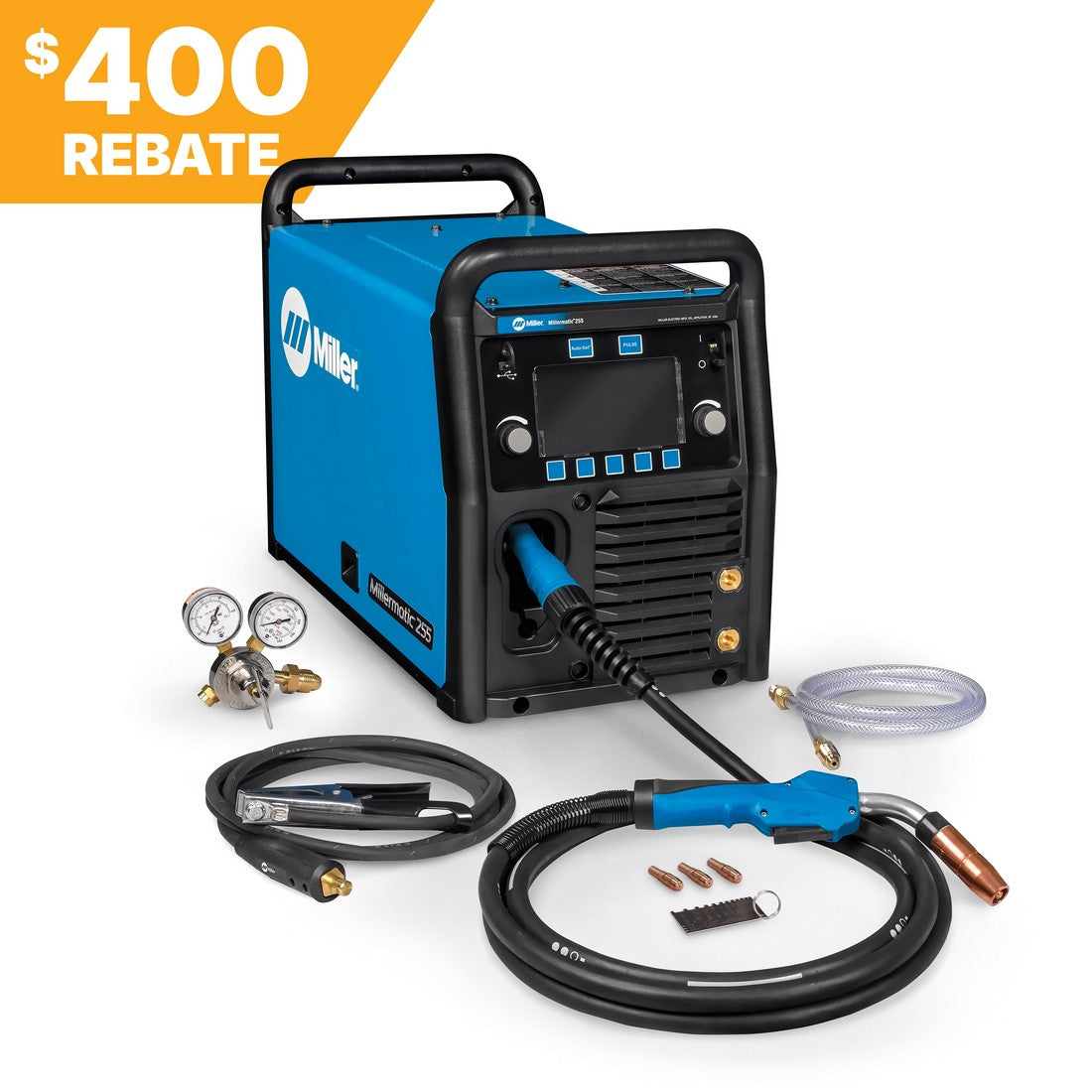 Miller Millermatic 255 MIG/Pulsed MIG Welder, 400 rebate displayed in orange triangle at top left corner.
