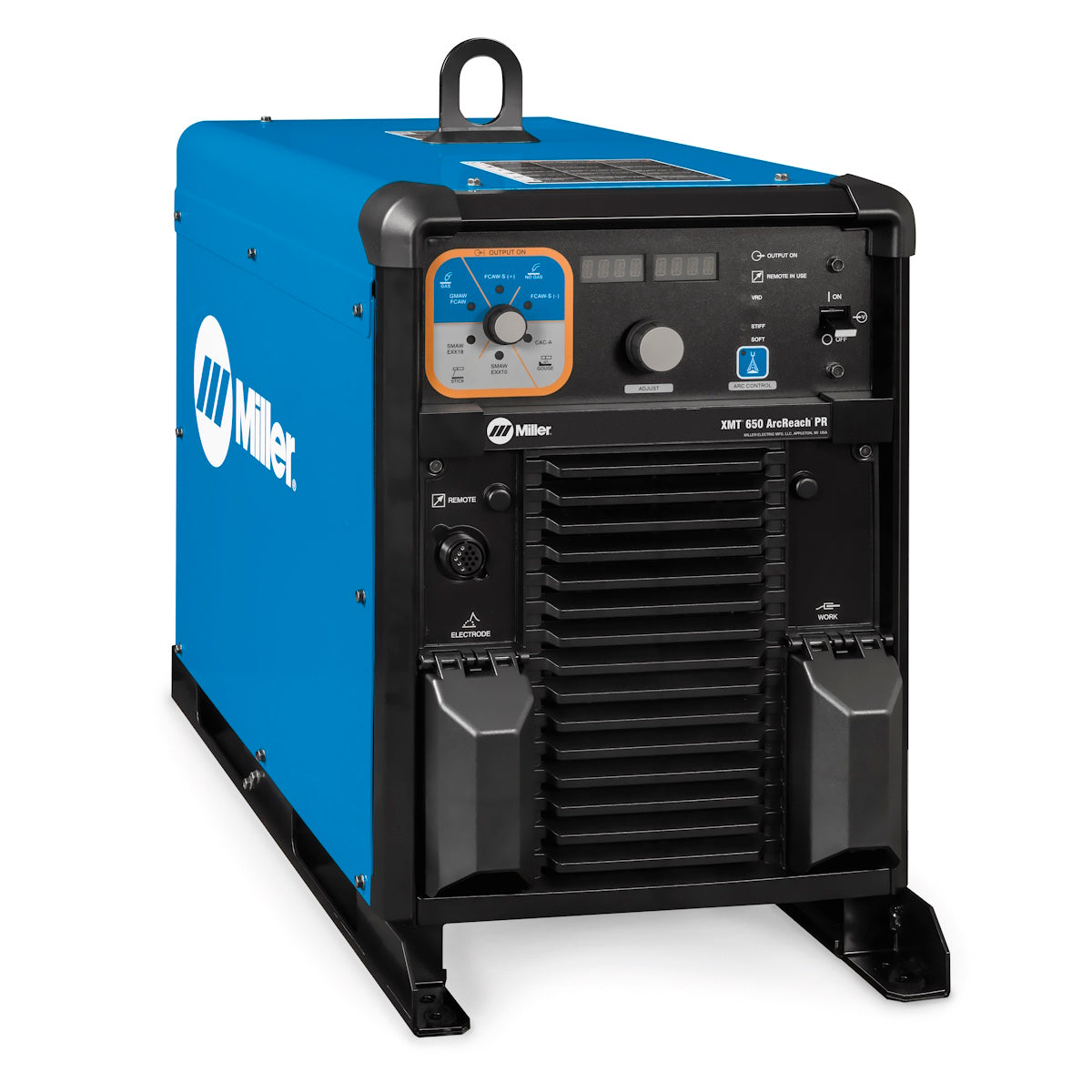 Miller XMT 650 ArcReach w/Polarity Reversing 380/460V 907822 shown with ArcReach technology, control panel, and display.