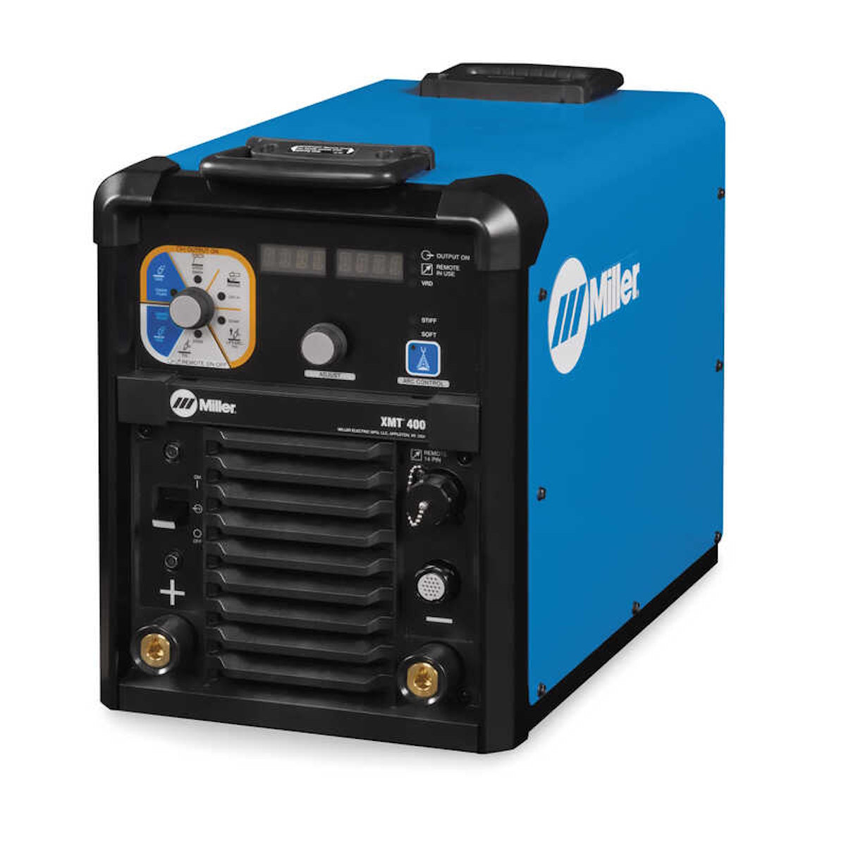 Miller XMT 400 Multiprocess Welder 907881 with Dinse connectors, featuring control panel and front ventilation grill.