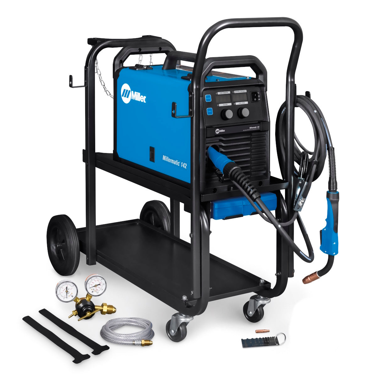 Miller Millermatic 142 MIG Welder on cart surrounded by Auto-Set controls, cables, gauges, and welding accessories.