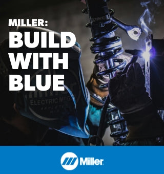 Miller Build With Blue: A welder uses safety gear, Miller logo below, promotional text displayed.
