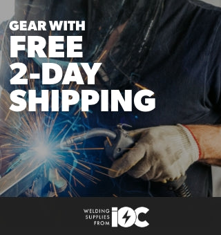 Welding gear in use, sparks flying. Text: Free 2-day shipping on welding supplies from IOC. Shop {Welding Supplies}.