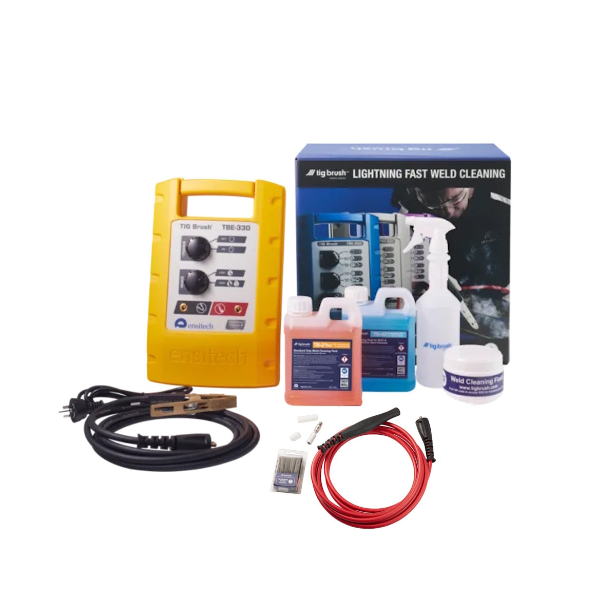 TIG Brush TBE-330: stainless steel weld cleaning system with yellow unit, liquids, cables, and spray bottle.
