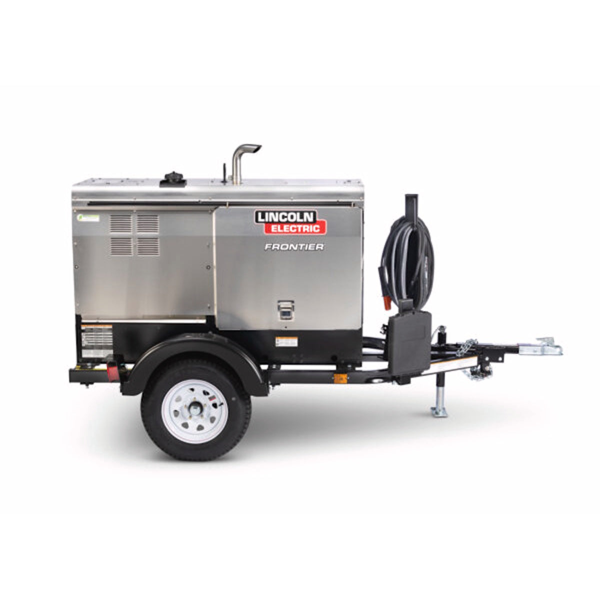 Lincoln Frontier 400X Diesel Engine Driven Welder Ready Pak 1 on a single-axle towable trailer with coiled hoses.