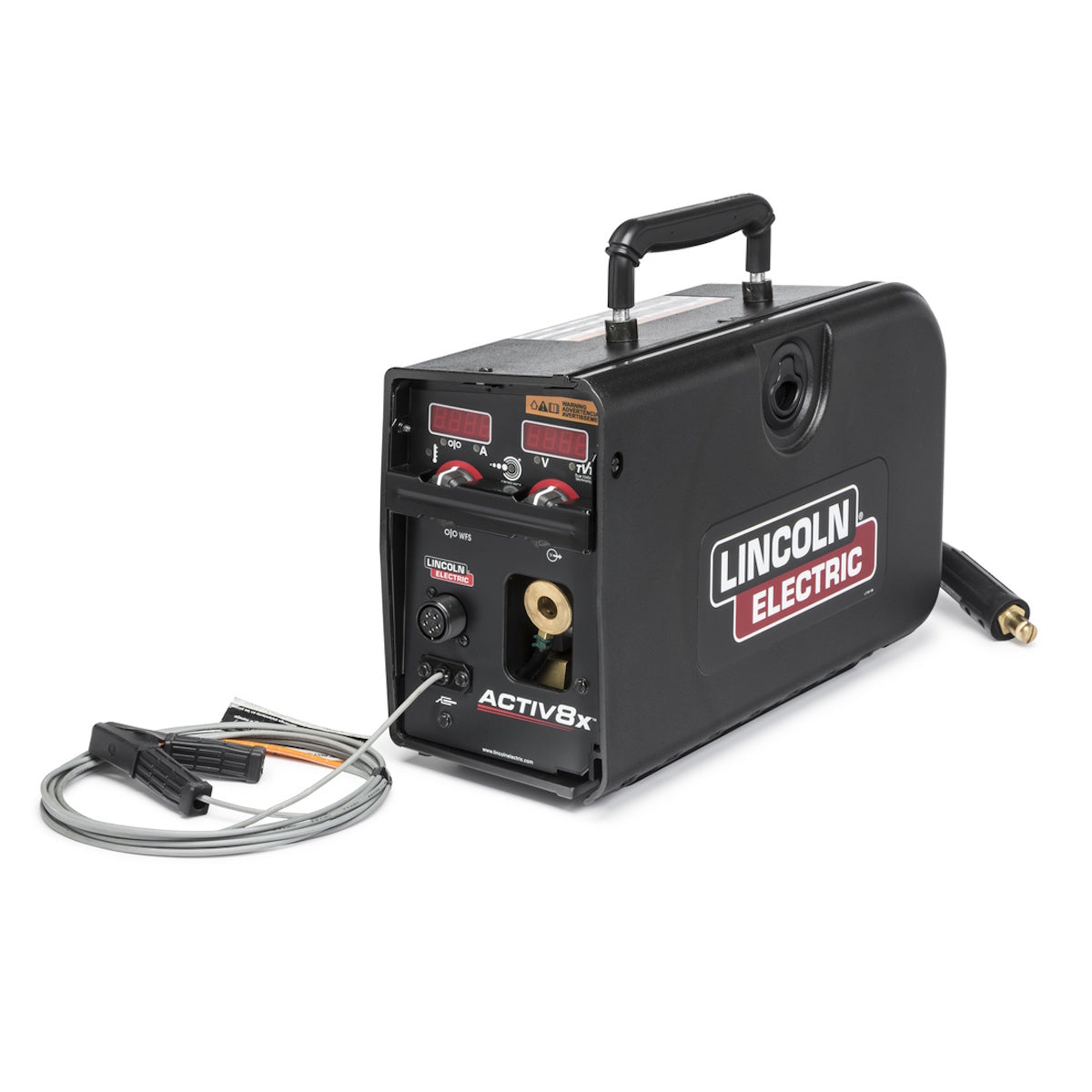Lincoln Active8X Wire Feeder w/Tweco Connectors K3519-1 displayed with control panel, handle, and cables on white background.