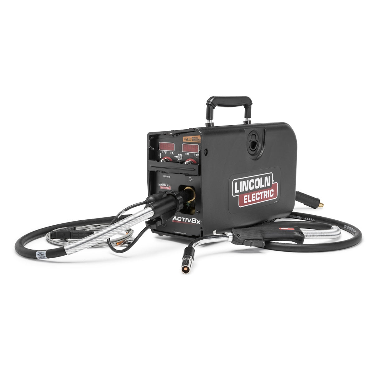 Lincoln Active8X Wire Feeder w/Magnum 300 MIG Gun One-Pak K3564-1 pictured with attached cables and MIG gun.