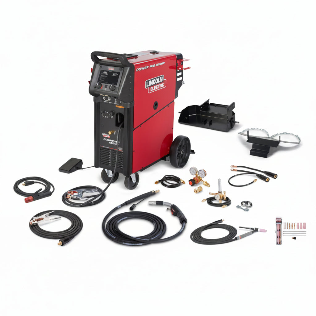 Lincoln Power MIG 262MP Multiprocess Welder w/Pulse with included accessories, cables, and free cover displayed.
