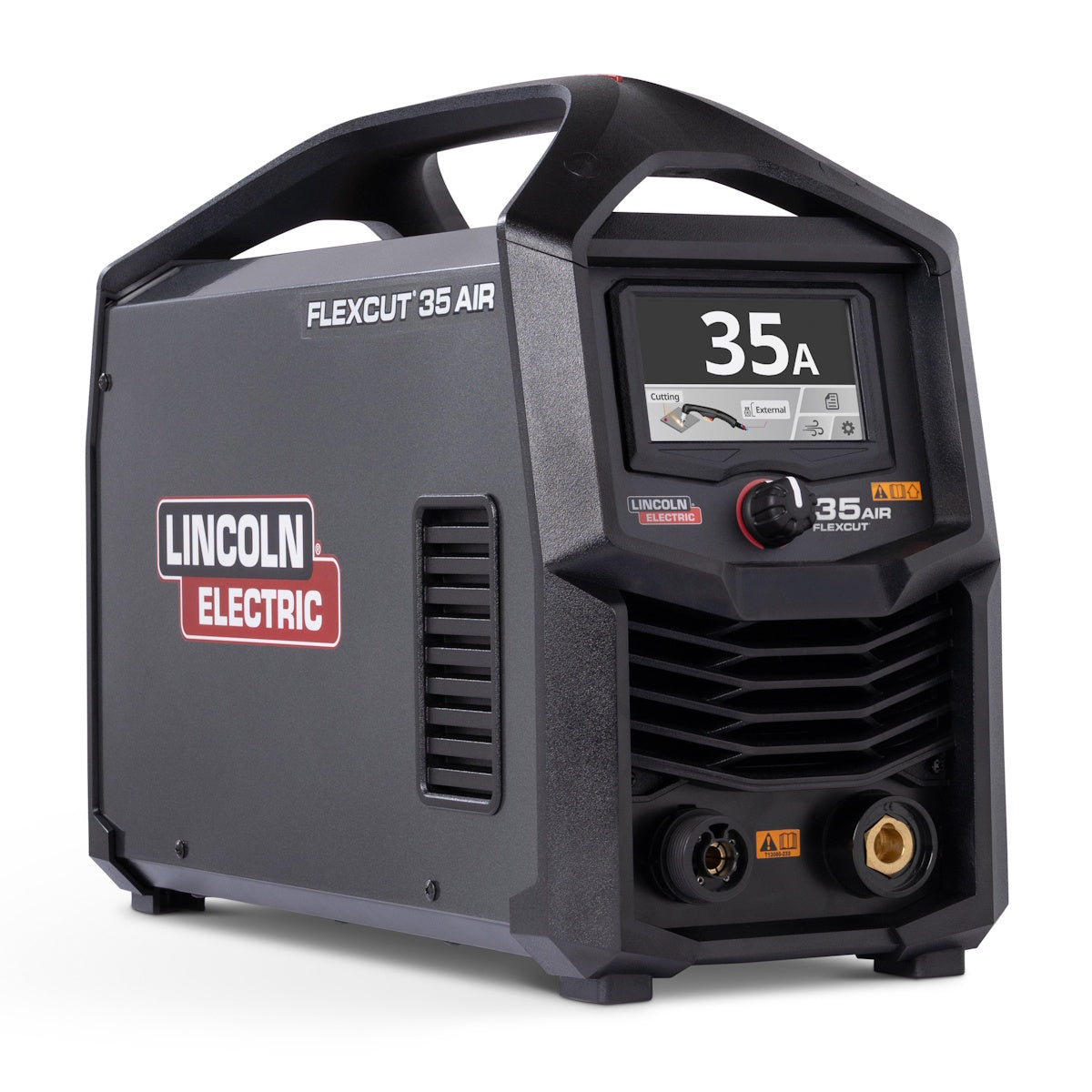 Lincoln FlexCut 35 AIR Plasma Cutter K5822-H showing 12.5 ft torch, integrated air compressor, and digital 35A display.