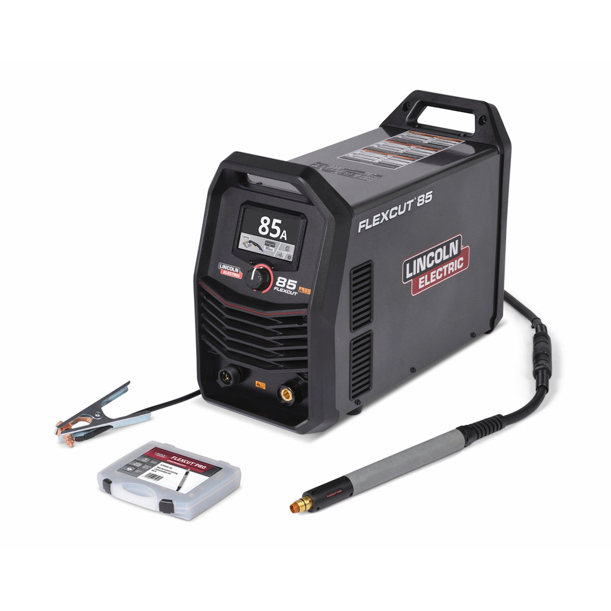 Lincoln FlexCut 85 Plasma Cutter K5826-M displayed with 25 ft FlexConnect Mech Torch on a white background.