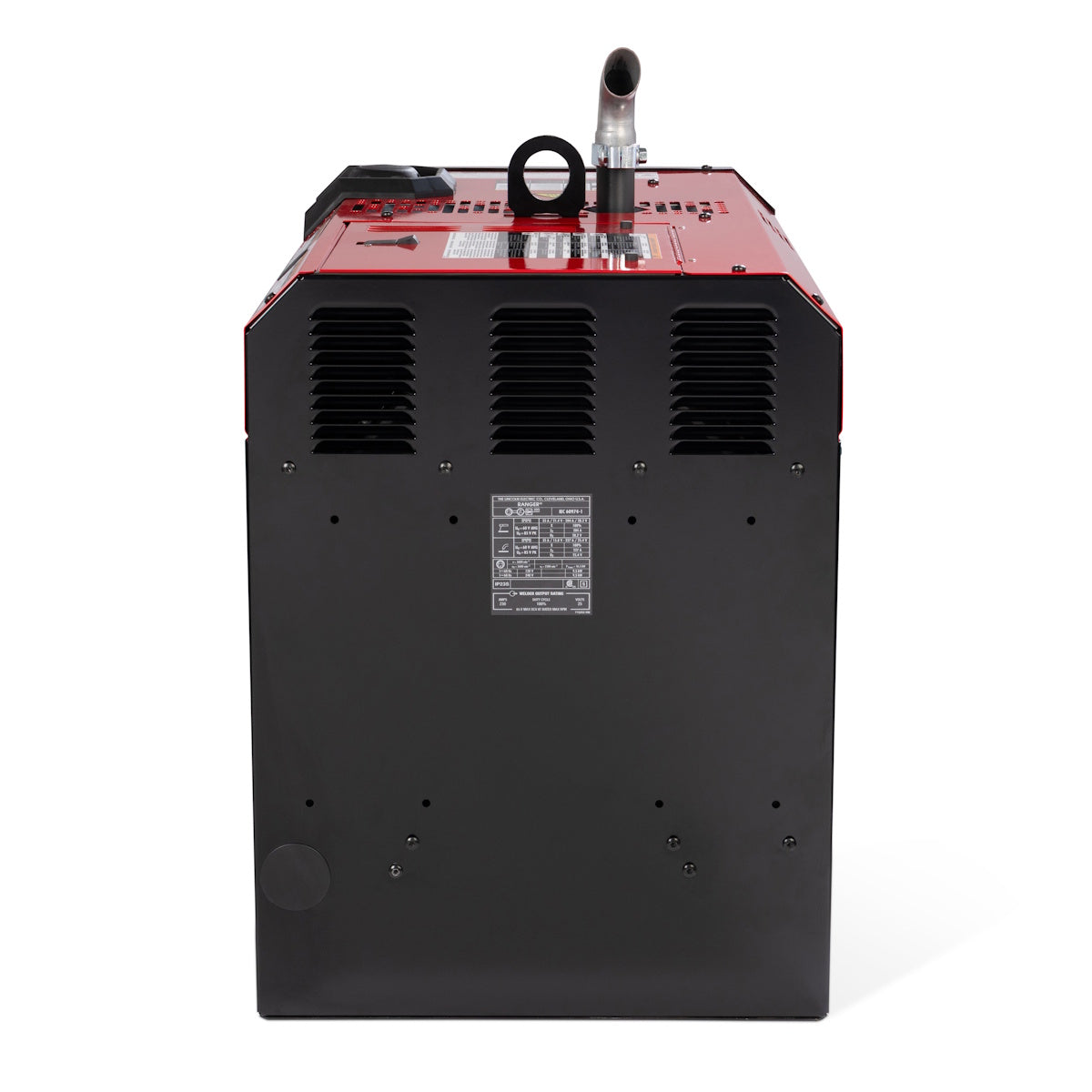 Lincoln Ranger 260MP shown from rear with handle, top vents, and silver pipe. Welder generator in black/red design.