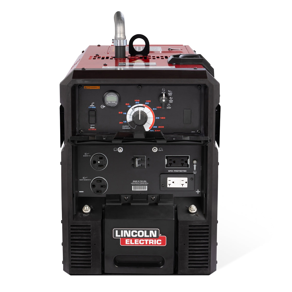 Lincoln Ranger 230MP K5938-1 welder front view, showing dials, switches, outlets, and visible logo.