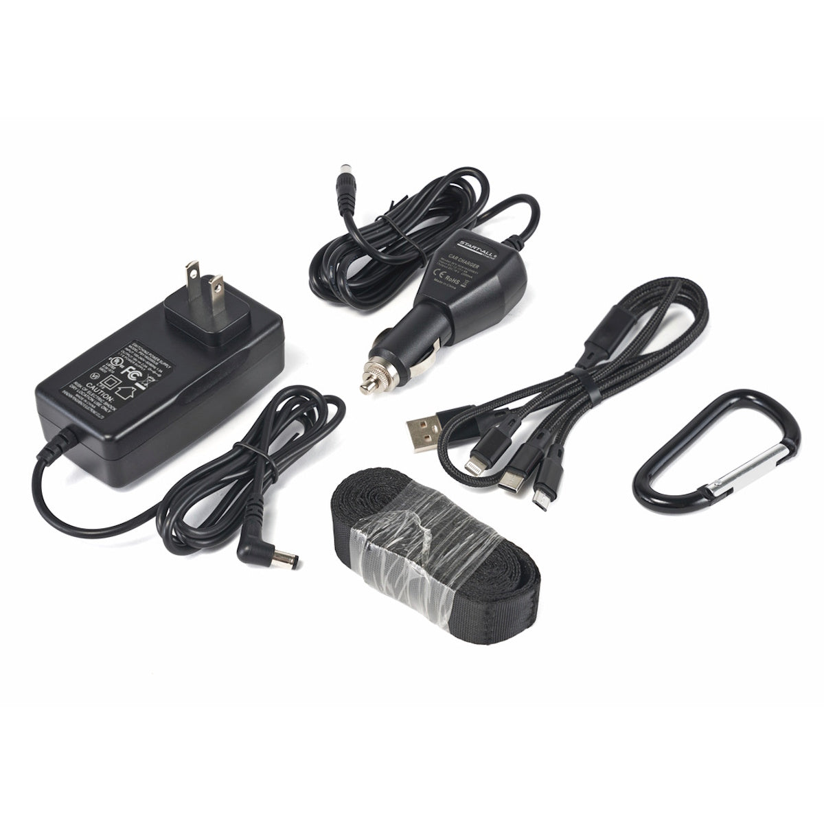 Lincoln Start All 10000A 12V/24V Jump Pack K5963-1, power adapter, car charger, USB cable, strap, and carabiner.