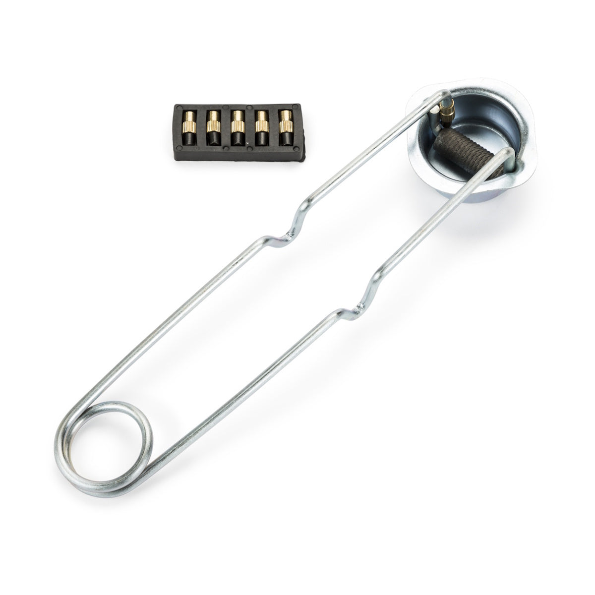 Lincoln Industrial Flint Striker K3727-1 beside silver pick tool and black 5-pin training lock; Flint Striker, K3727-1.