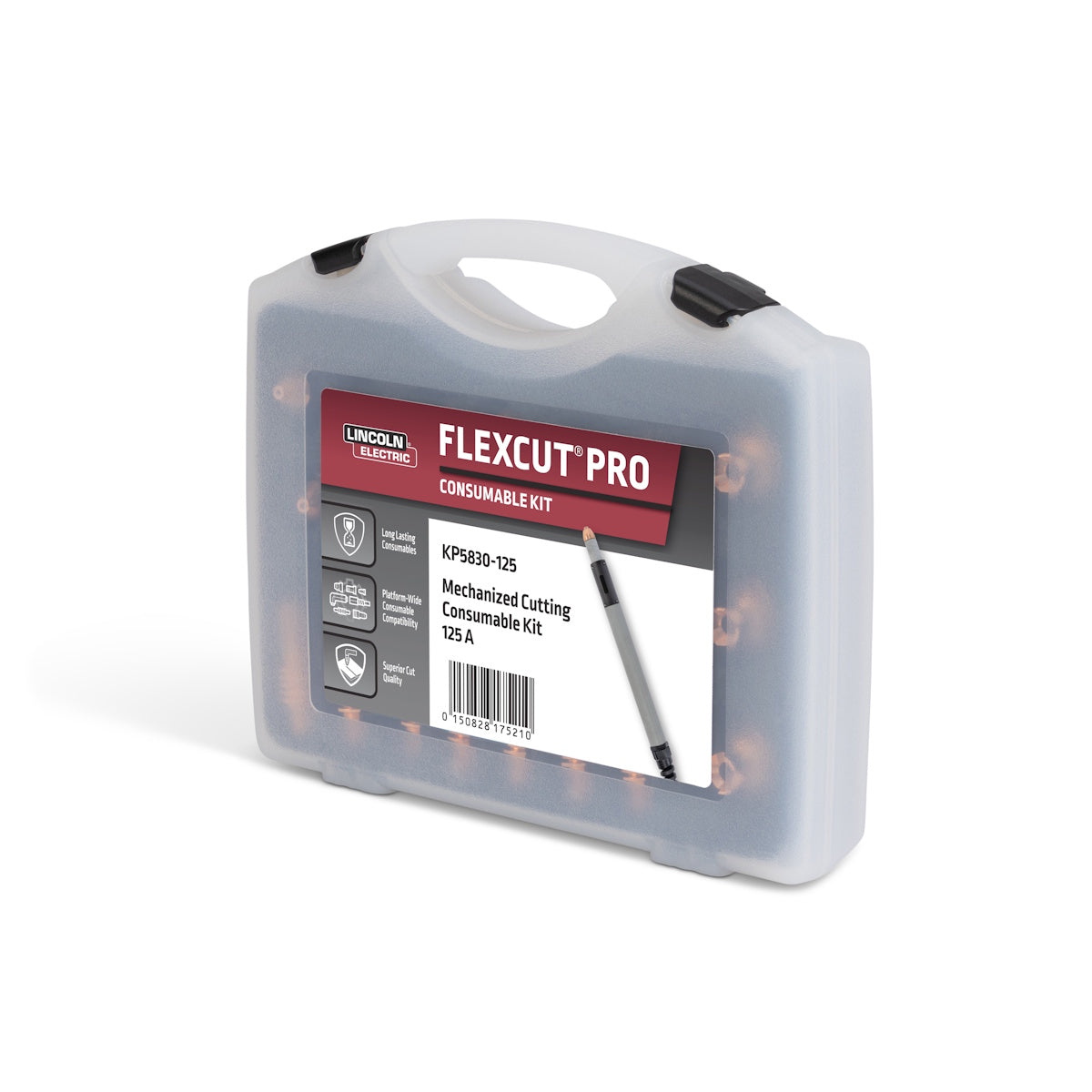 Lincoln FlexCut PRO 125A Mech Cutting Consumables Kit KP5830-125 case with handle and clear product details visible.