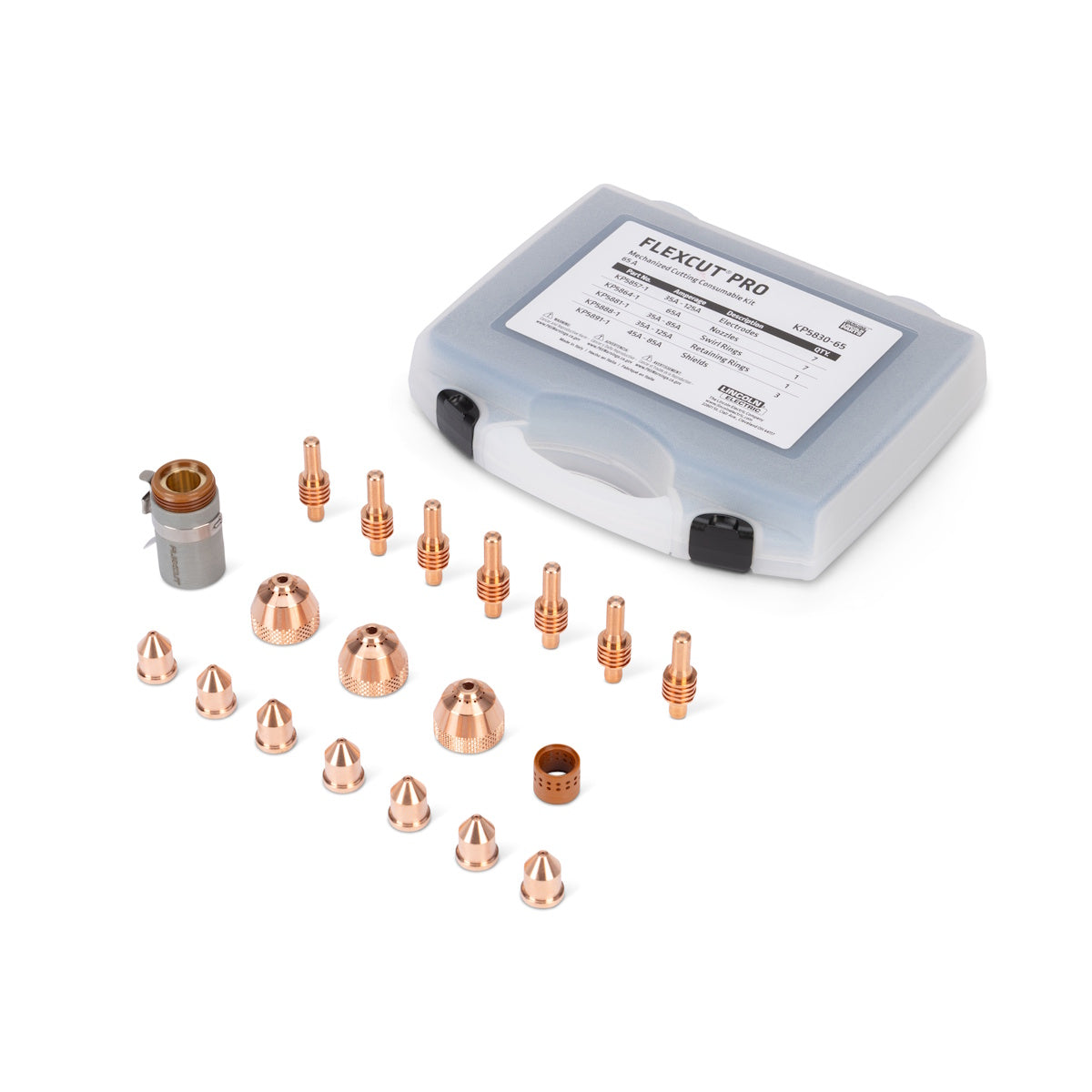 Lincoln FlexCut PRO 65A Mech Cutting Consumables Kit KP5830-65 arranged neatly on a white surface.