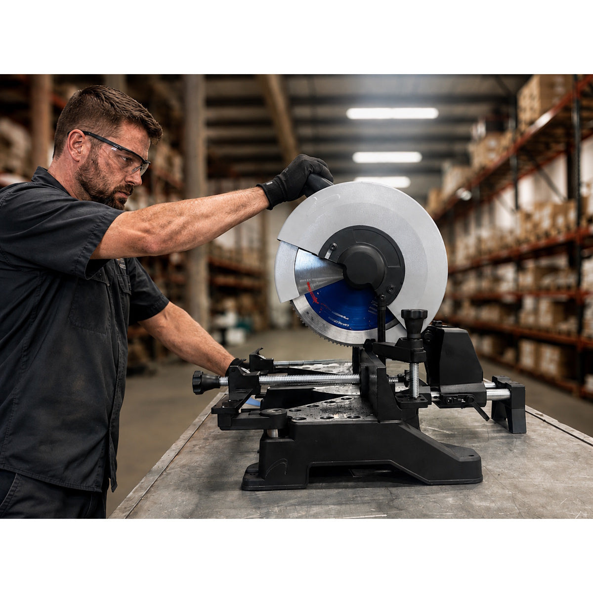 Steelmax 120V 14″ Metal Cutting Miter Saw SM-S-14-M in use by a man wearing safety glasses in an industrial warehouse.