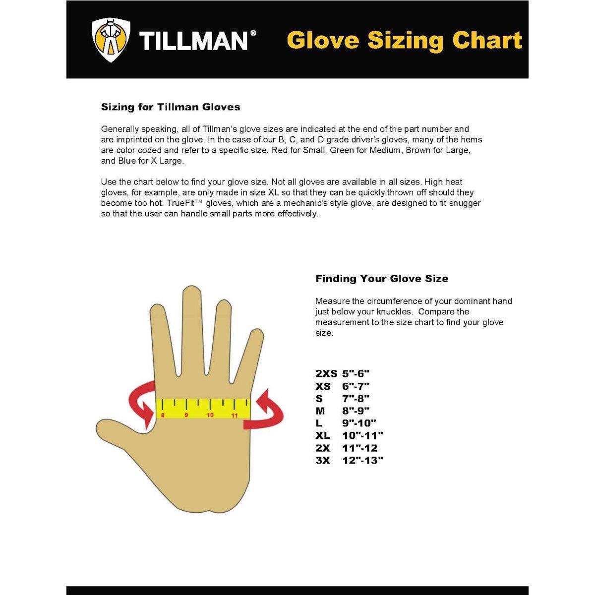 Tillman Glove Sizing Chart featuring a hand with measuring tape and sizes 2XS–3XL, perfect for selecting Tillman 24C Premium Kidskin TIG Welding Gloves or other premium TIG gloves.