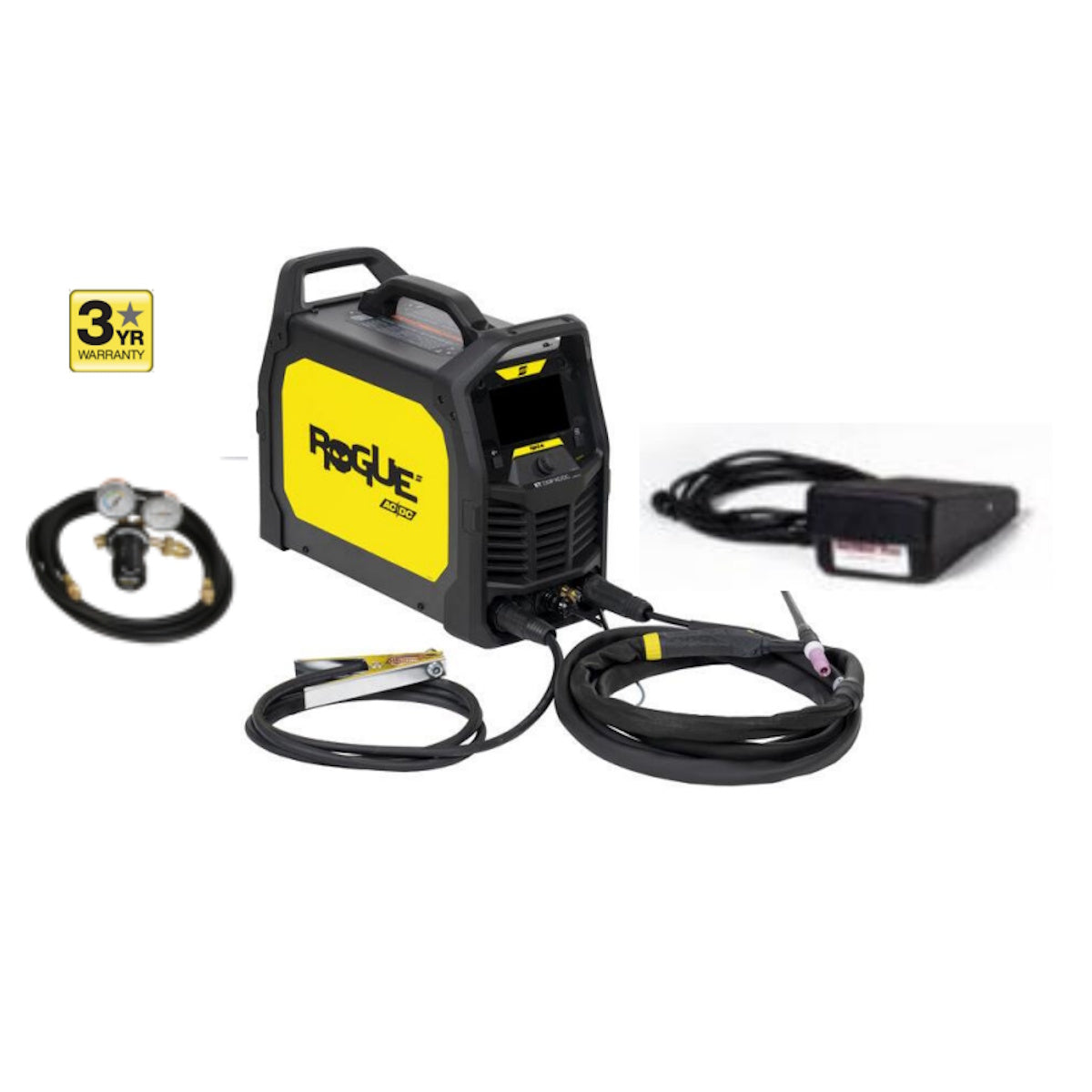 ESAB Rogue ET 230iP AC/DC Tig Welder, regulator, foot pedal, torch, and three-year warranty.