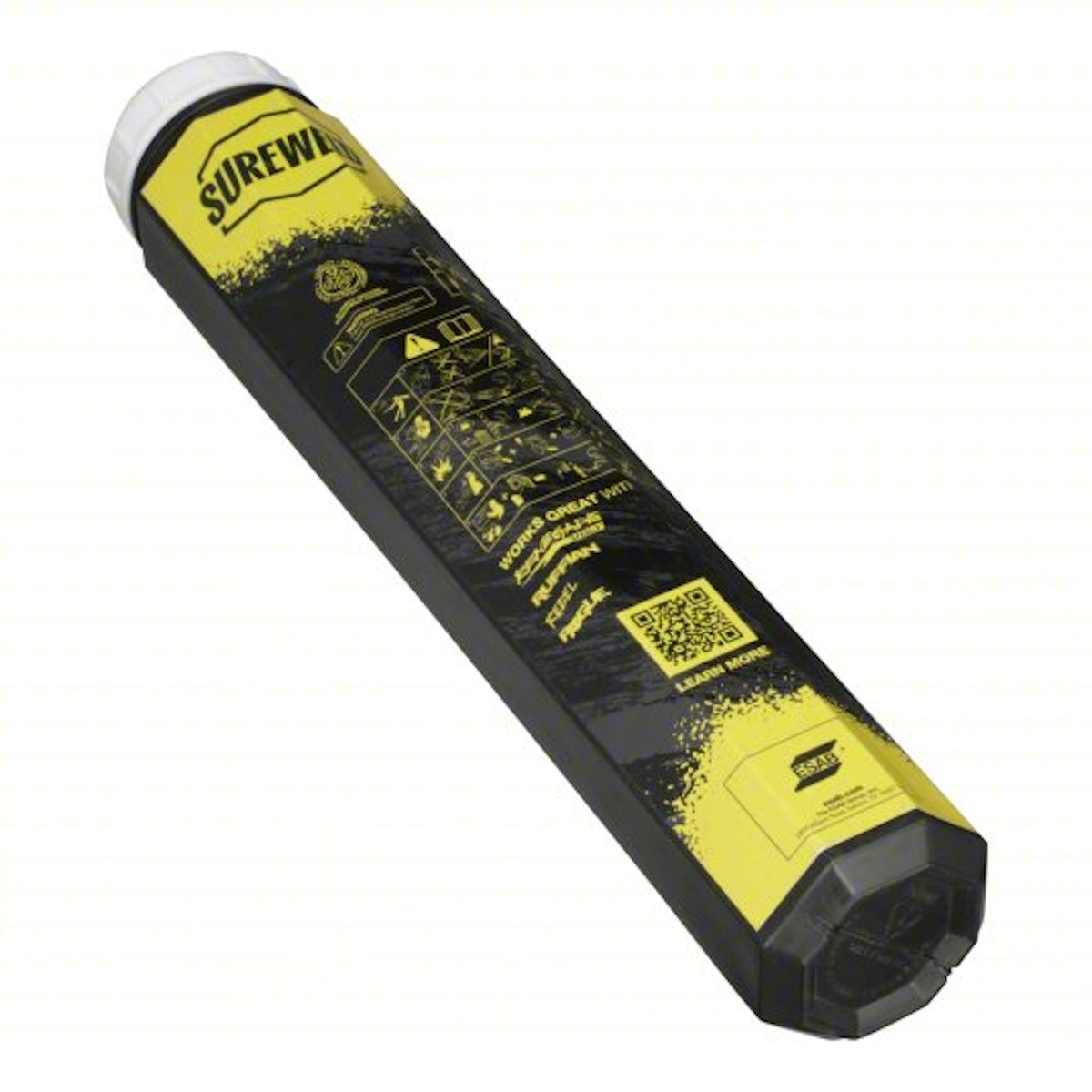 ESAB Sureweld 7018 Stick Electrodes 5lb Pkg in a yellow and black hex tube featuring safety icons and usage instructions.