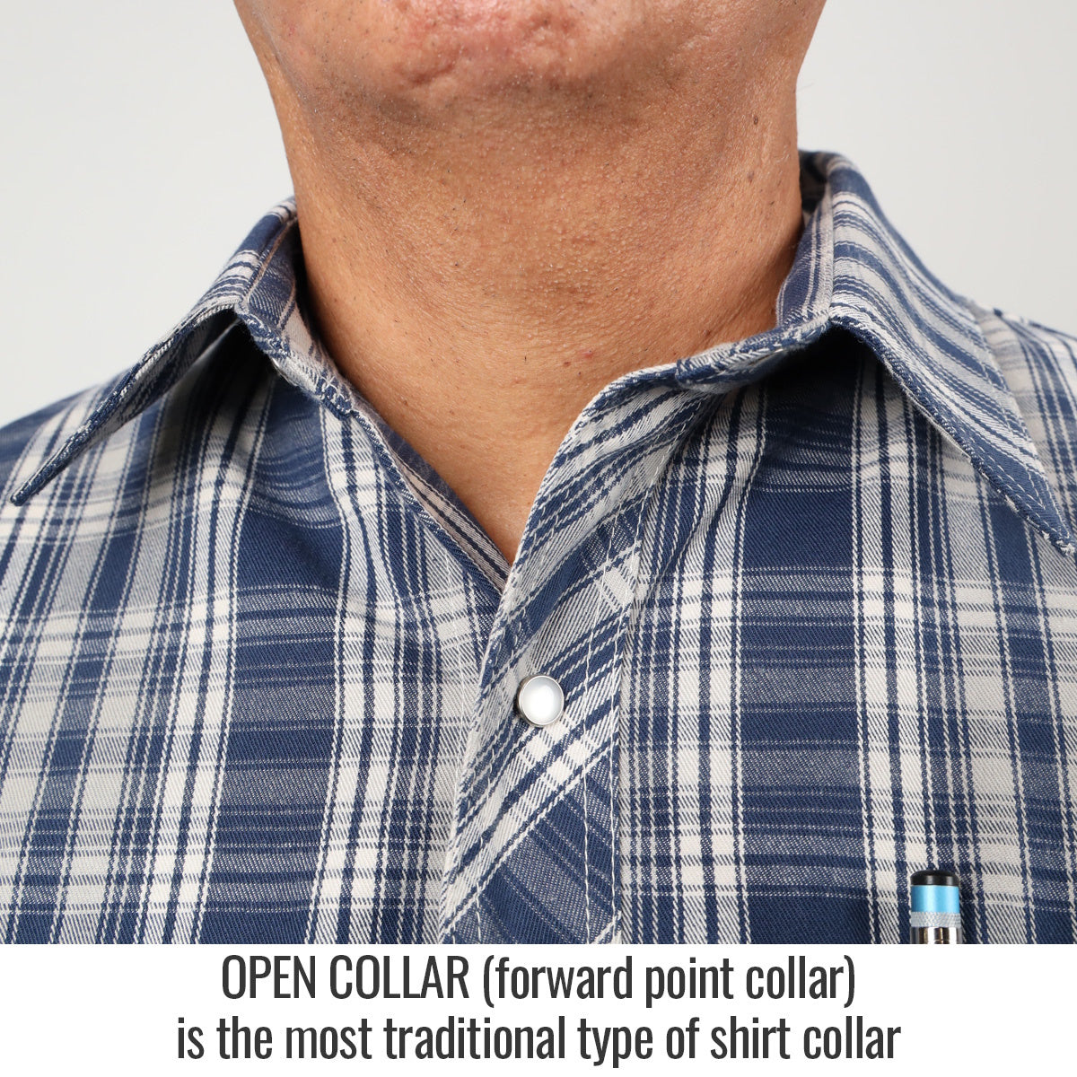 open collar blue plaid cotton work shirt