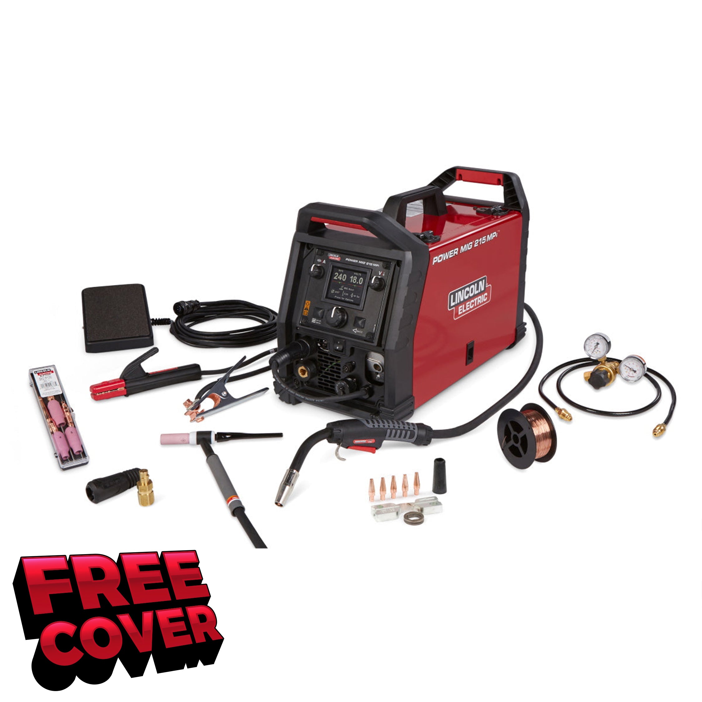 Lincoln Power MIG 215 MPi Multi Process Welder - TIG One Pak K4878-1: FREE COVER in bold red text at bottom left.
