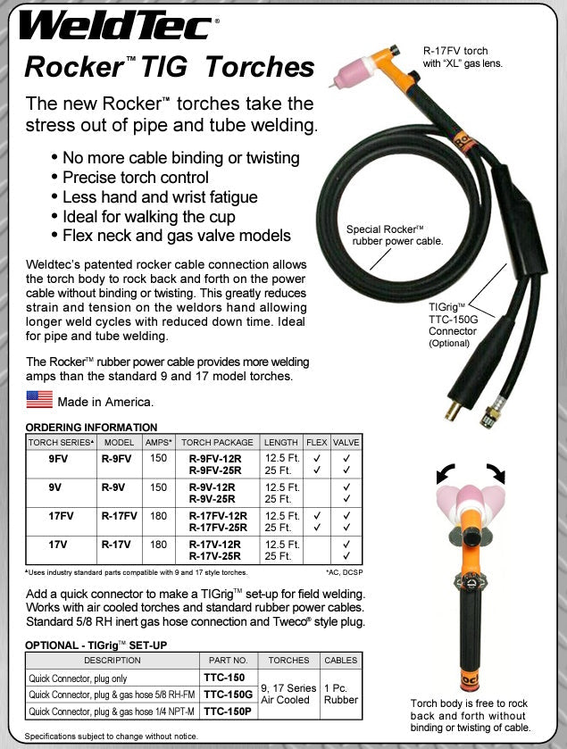 Weldtec 9 Series Air Cooled Rocker TIG Torch