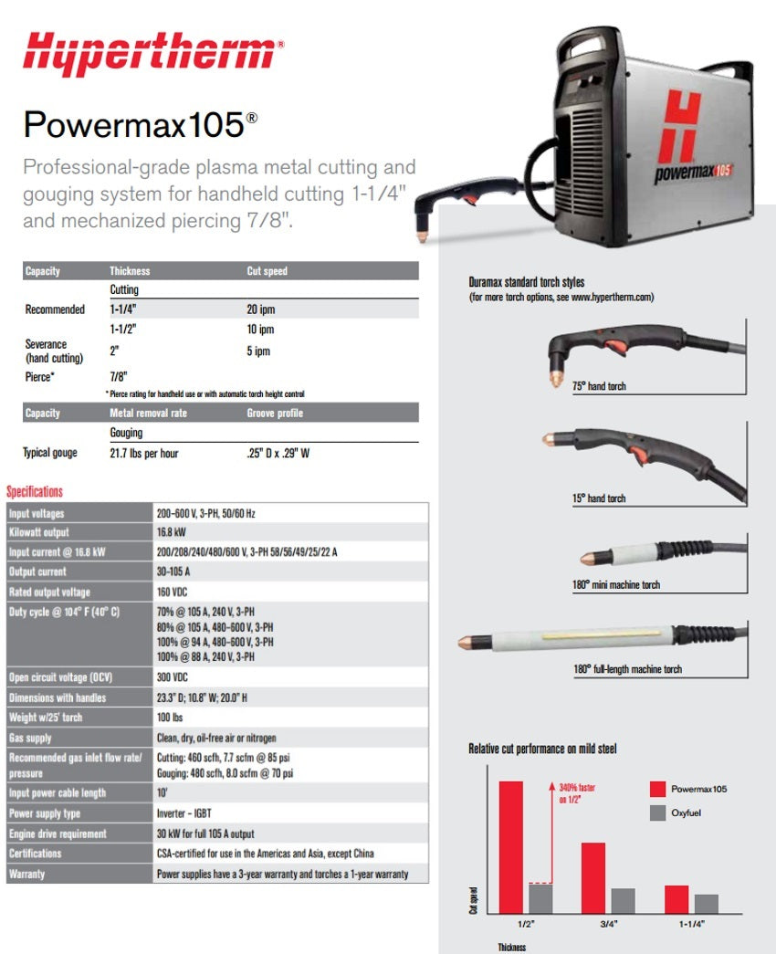 Hypertherm Powermax 105 Plasma Cutter w/50' Hand Torch Pkg (059375)