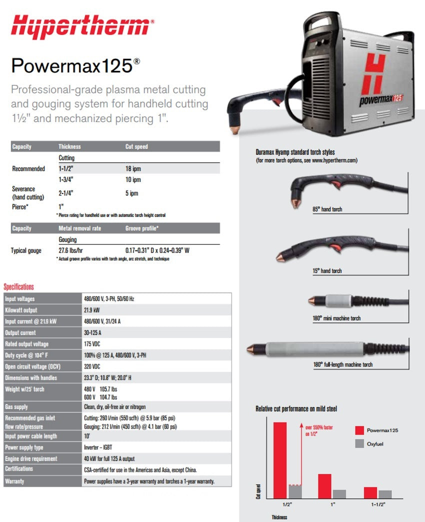 Hypertherm Powermax 125 w/CPC 25ft 85° and 15° Hand Torches (059538)