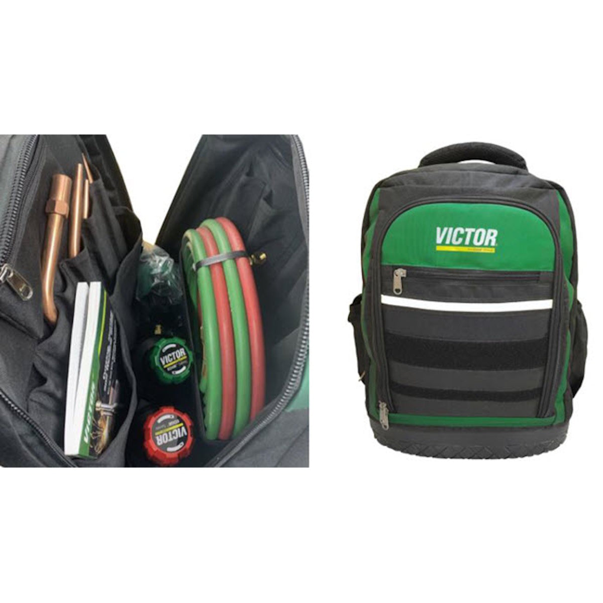 VICTOR Journeyman Utility Outfit backpack featuring organized compartments for tools, hoses, tape measures, and heating kit.