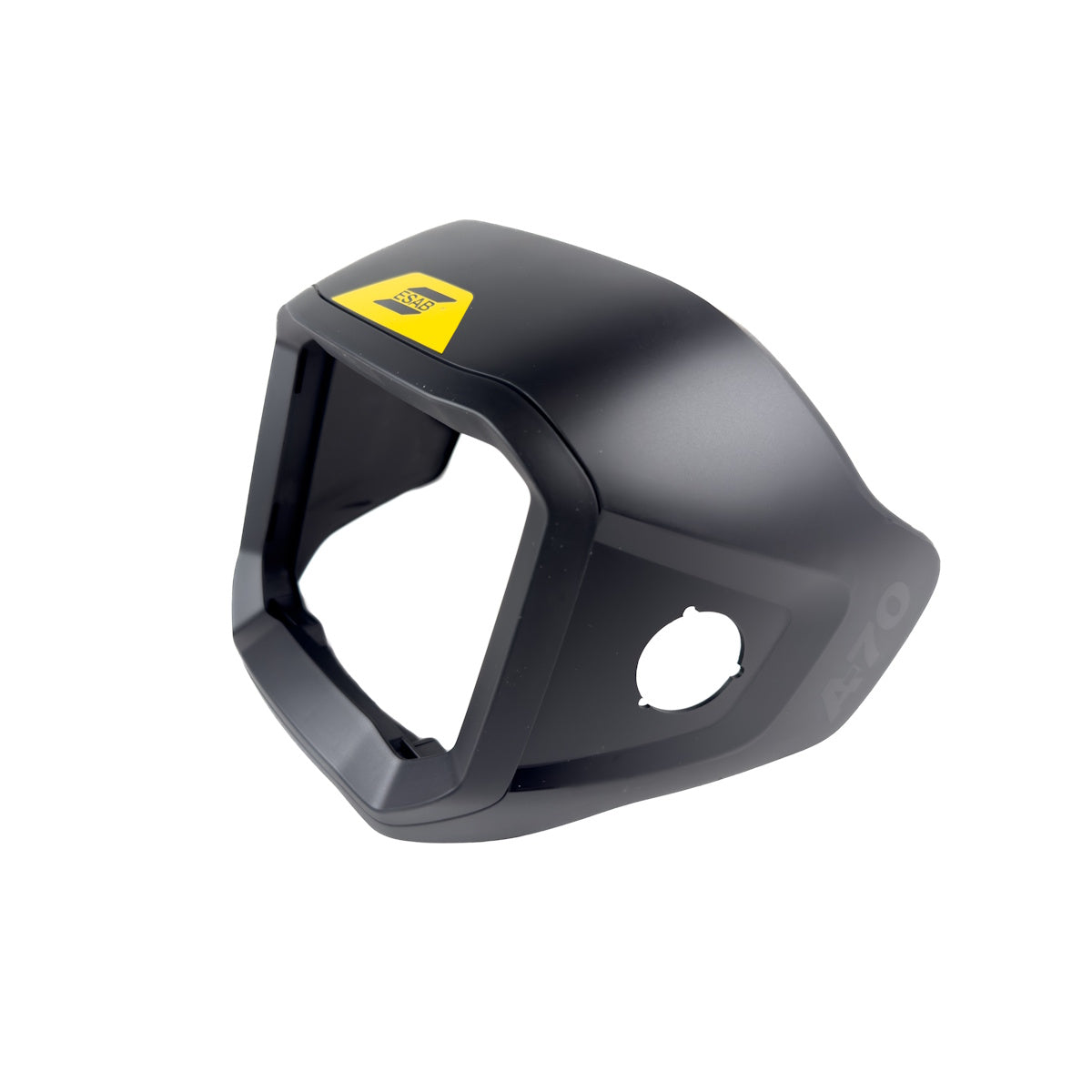 ESAB Sentinel A70 Pro Replacement Flip Shell 0700900704 in black plastic with yellow sticker, displayed on white background.