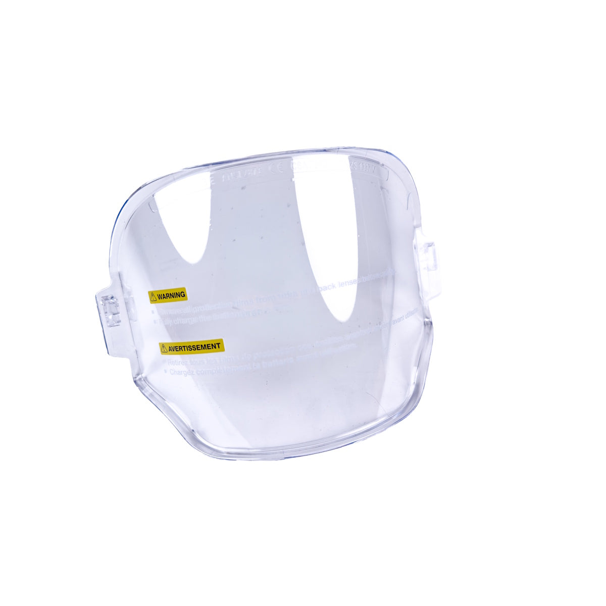 ESAB Sentinel A70 Pro Grind Shield 0700900710, clear plastic shield with yellow labels, fits A70 Pro welding helmets.