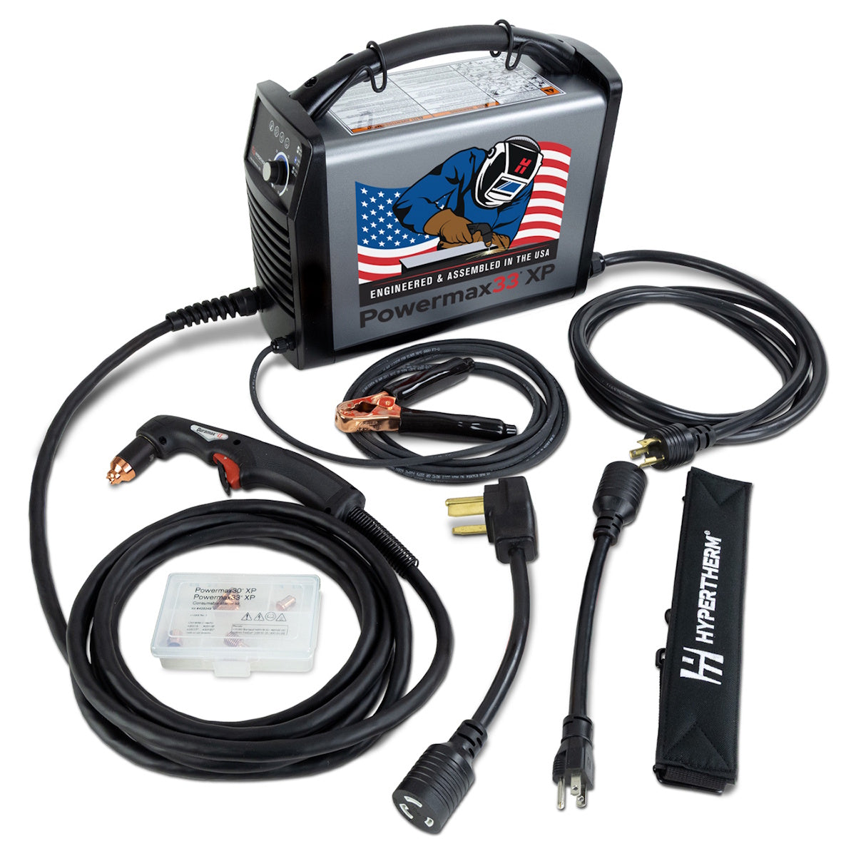 Hypertherm Powermax33 XP plasma cutter with 15ft hand torch, cables, clamp, carry case  Auto-Voltage for versatile use.