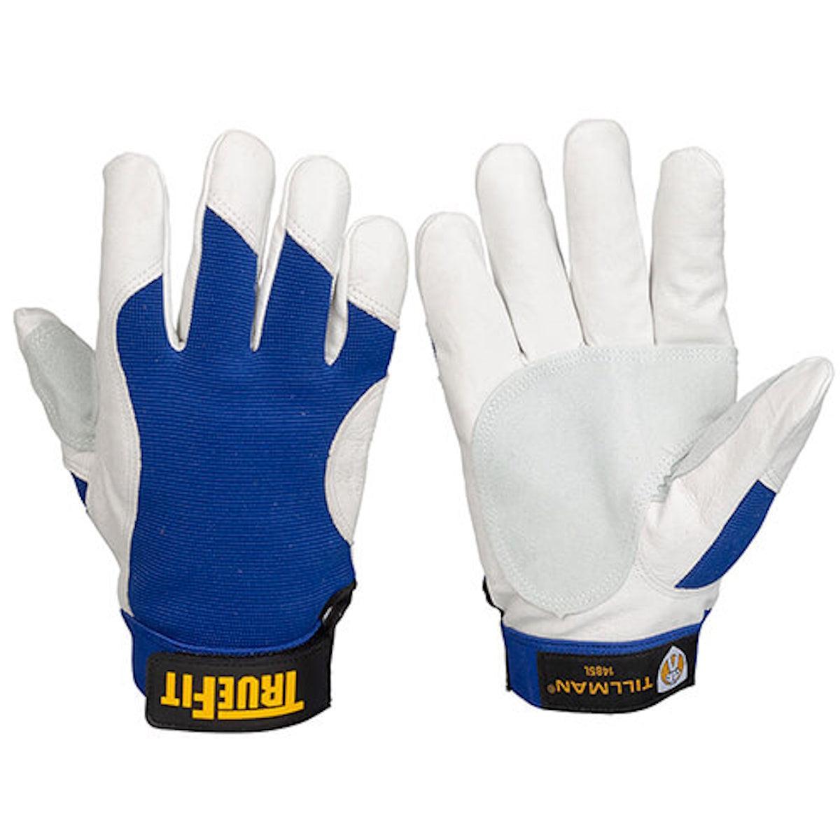 Tillman 1485 TrueFit work gloves featuring pigskin leather, blue/white color, and black adjustable straps.