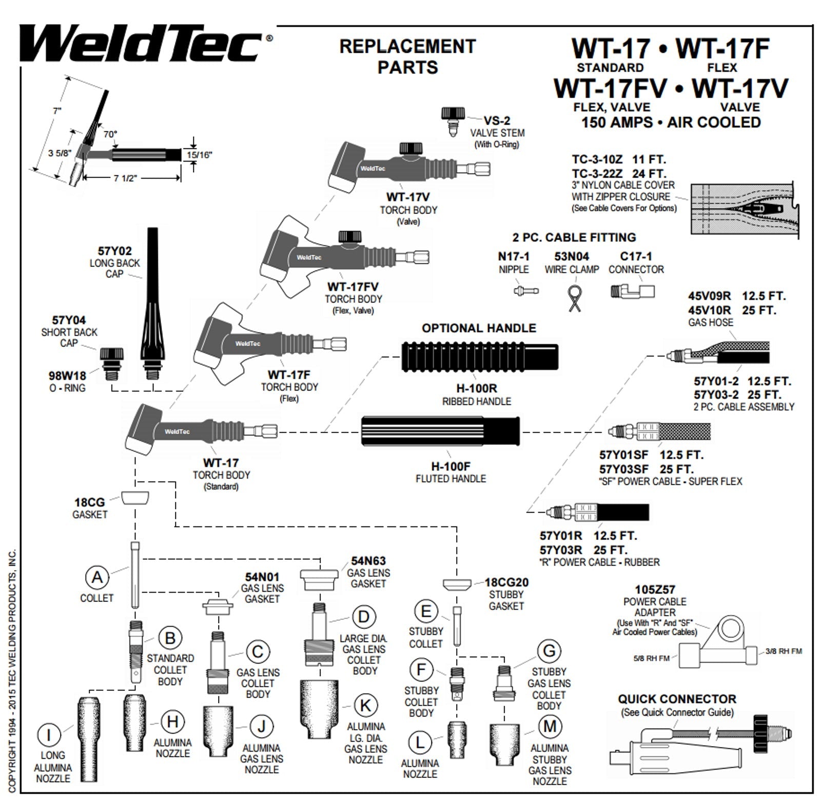 Weldtec 25FT 150 Amp Air Cooled TIG Torch with Flex and Valve  (WT-17FV-25R)