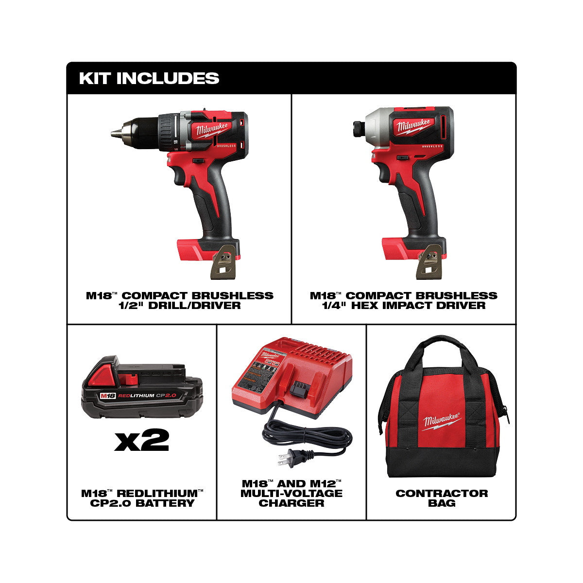 Milwaukee M18 Compact Brushless Drill / Impact Driver 2-Tool Combo Kit (2892-22CT)