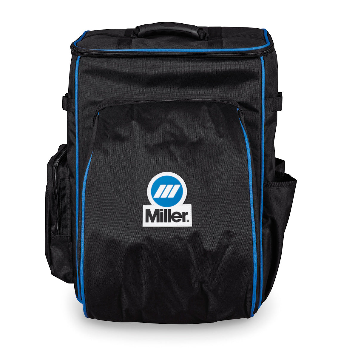Miller Welding Backpack 299081, black with blue accents, front logo, helmet carrier—ideal for carrying welding equipment.
