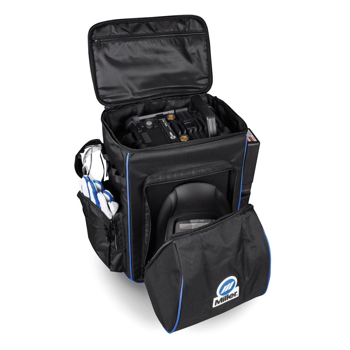 Miller Welding Backpack 299081 features open compartments designed to hold a welding helmet, gloves, and other gear.