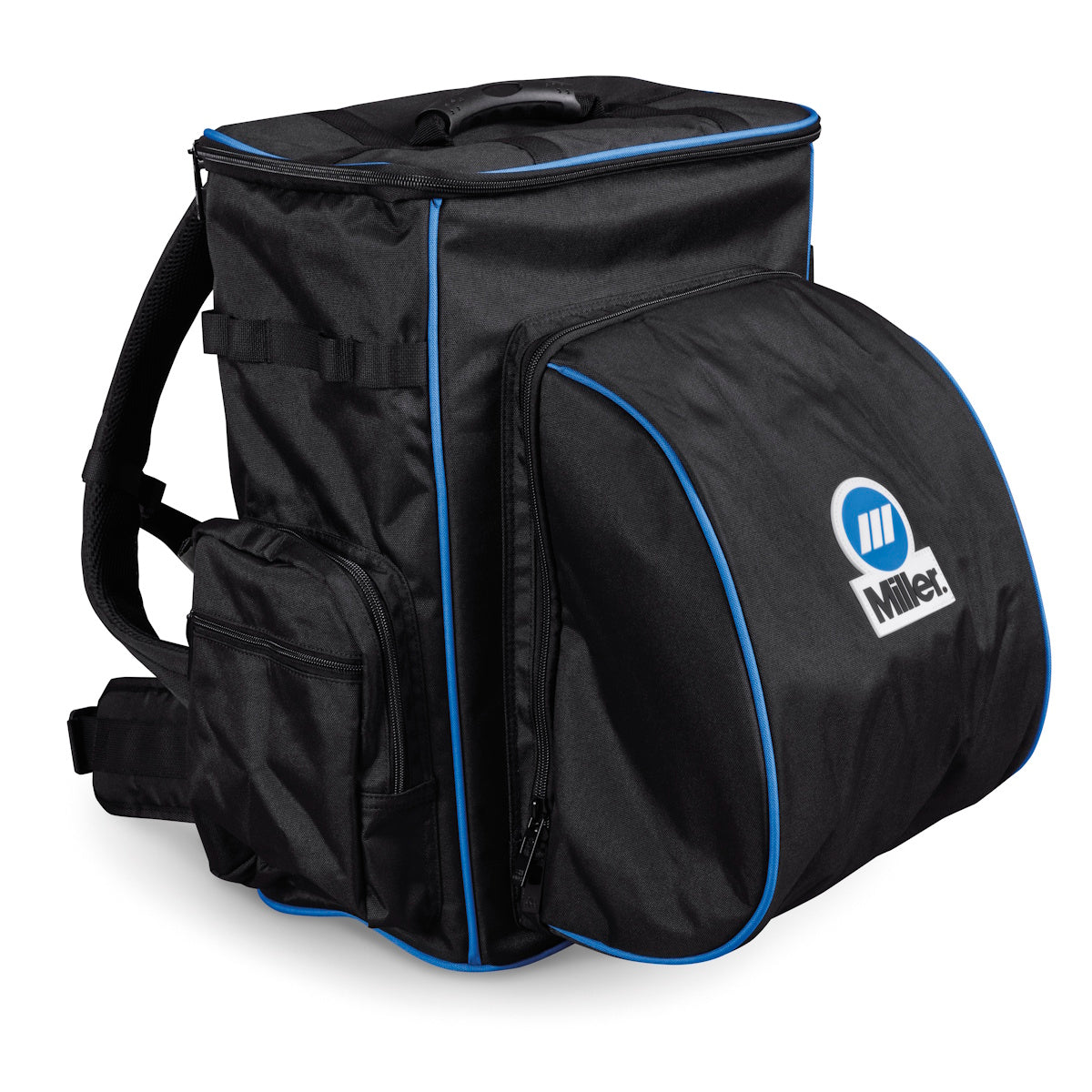 Miller Welding Backpack 299081 offers helmet carrier, sturdy straps, zippered compartments; designed for welders’ storage needs.