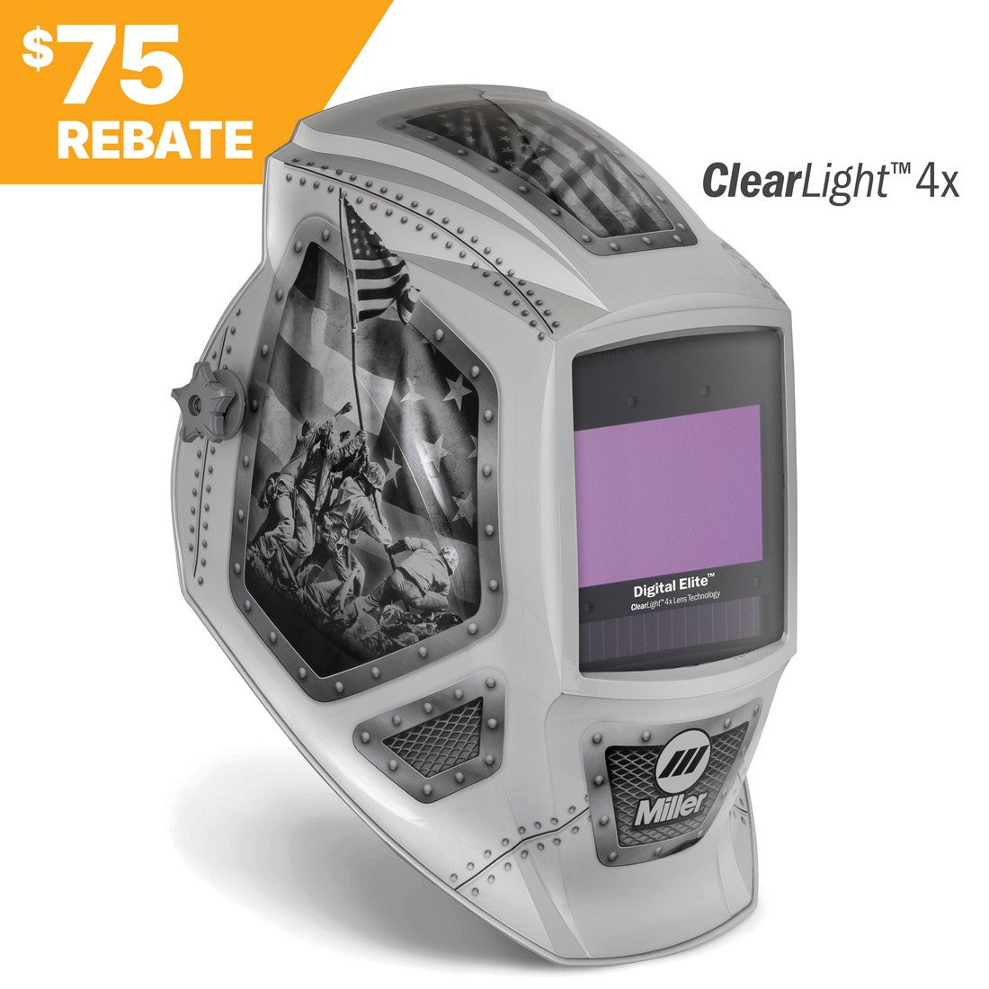 A Miller Digital Elite Forged in Freedom Welding Helmet w/ClearLight 4X Lens (299617), silver with an American flag and soldiers graphic, features a digital display. $75 REBATE banner appears in the top left corner.